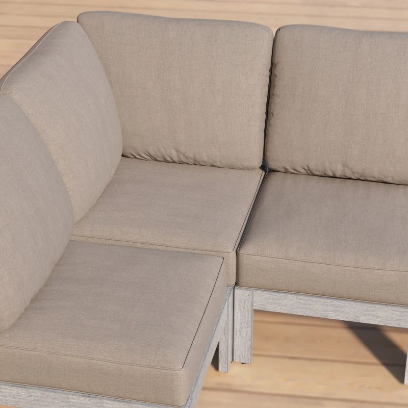 corner seats of tan outdoor sofa
