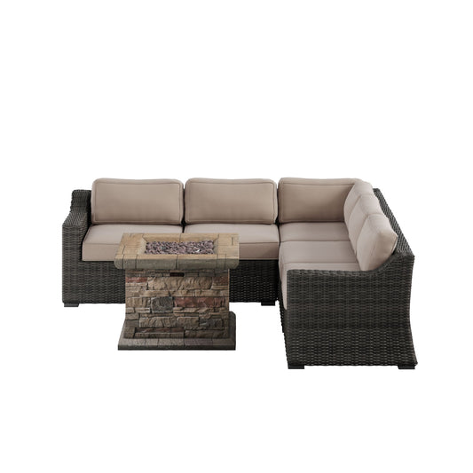 Bristol Wicker 5-Seat L Sectional with Faux Stone Fire Pit