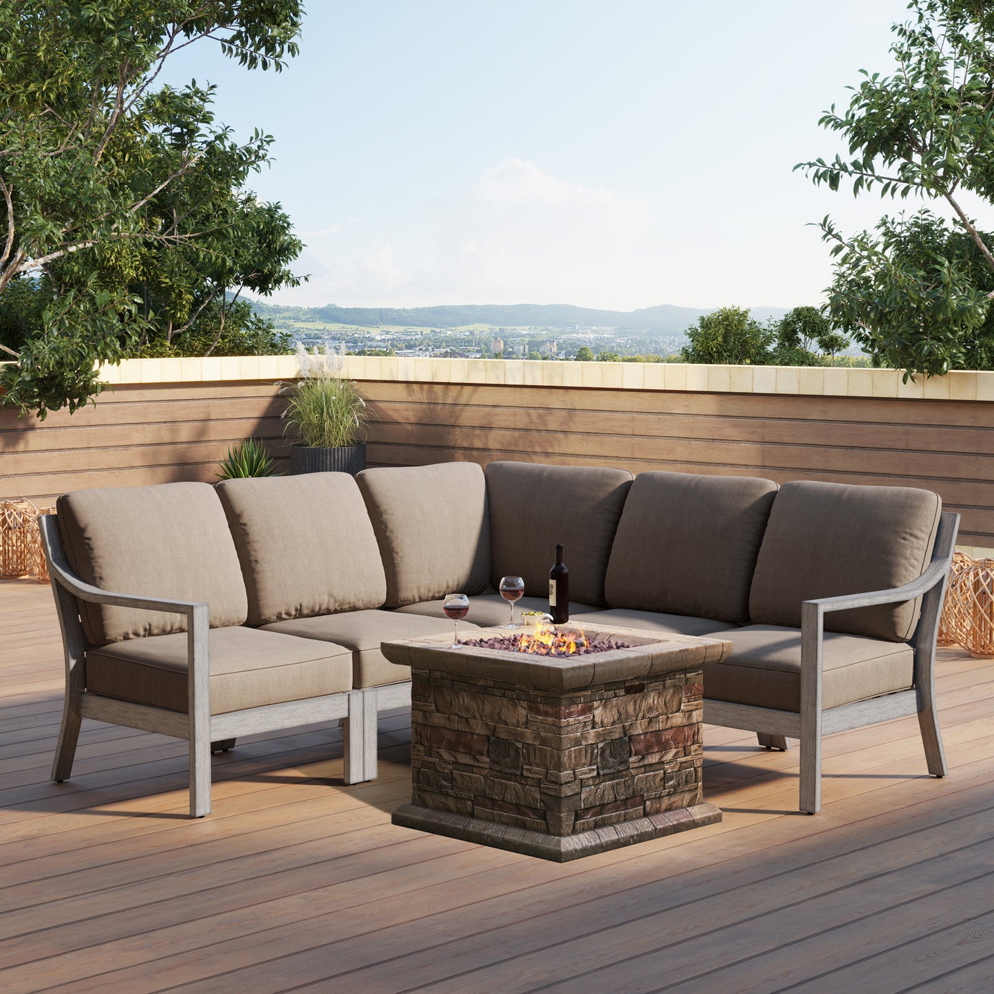 Parker Aluminum Outdoor Sectional with Faux Stone Fire Pit -5 Seat