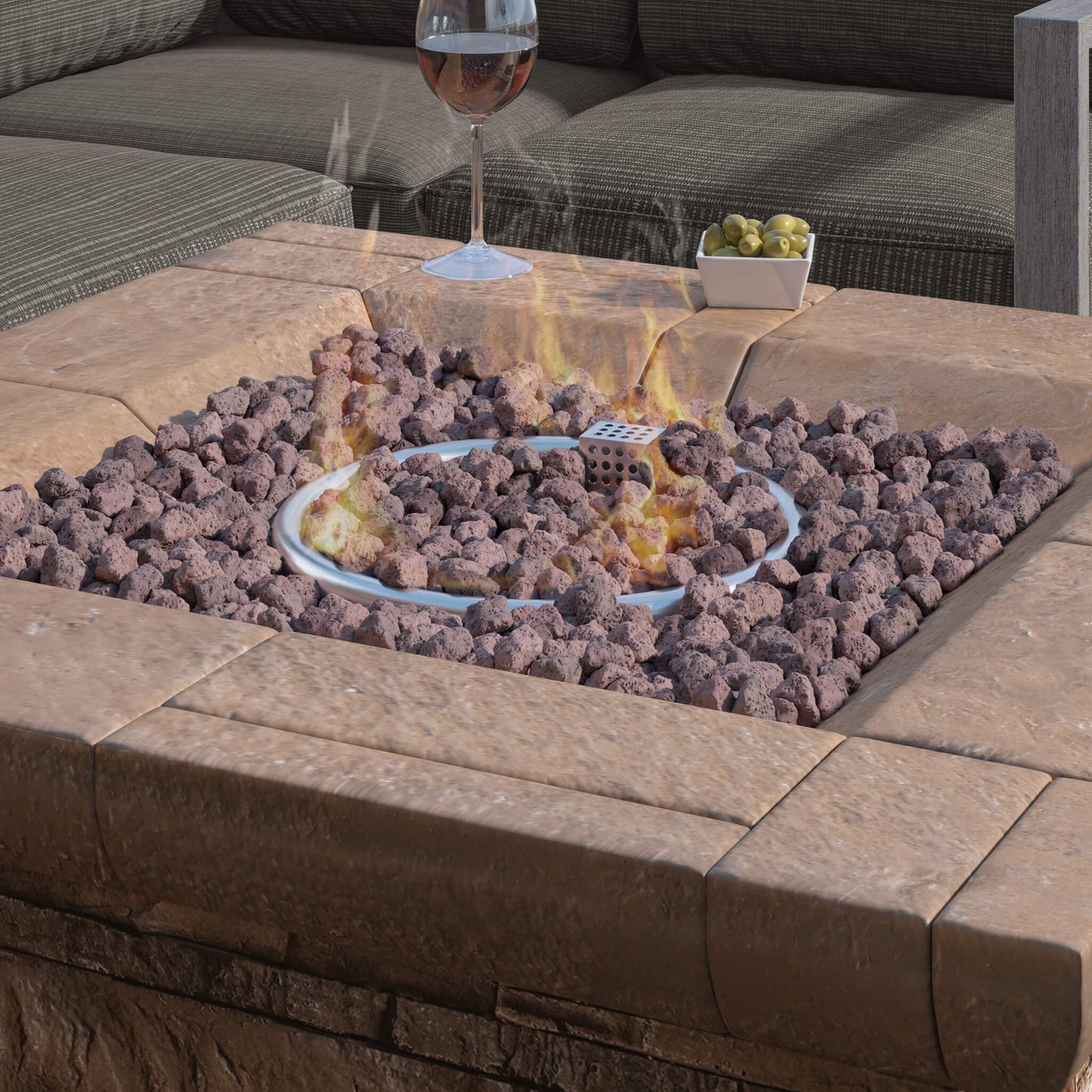Parker Aluminum Outdoor Ottoman L-Sectional with Faux Stone Fire Pit -5-7 Seat