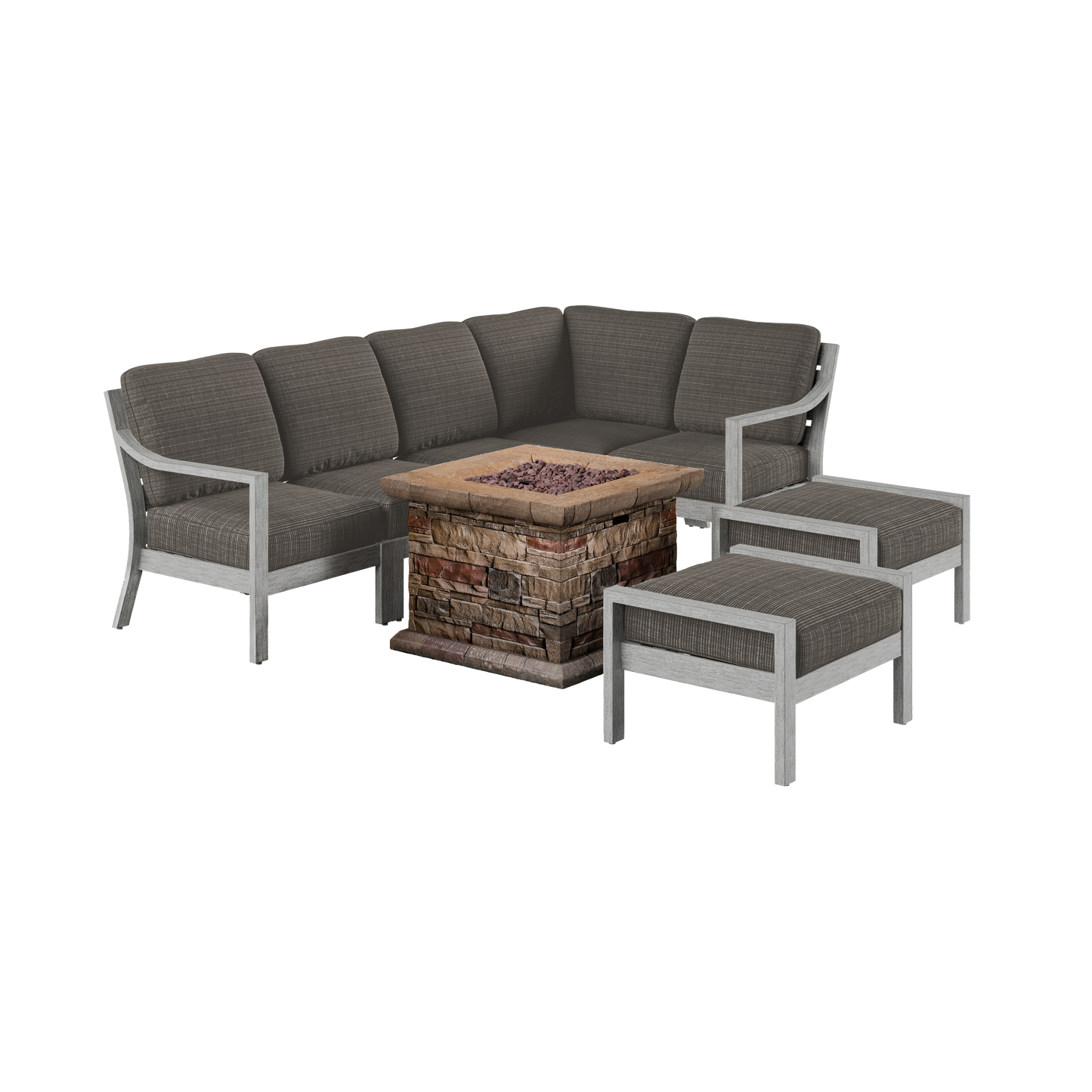 Parker Aluminum Outdoor Ottoman L-Sectional with Faux Stone Fire Pit -5-7 Seat