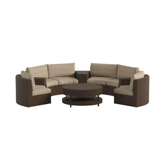 Canopy Brown Wicker Curved Sectional with Coffee Table - 6 Seat