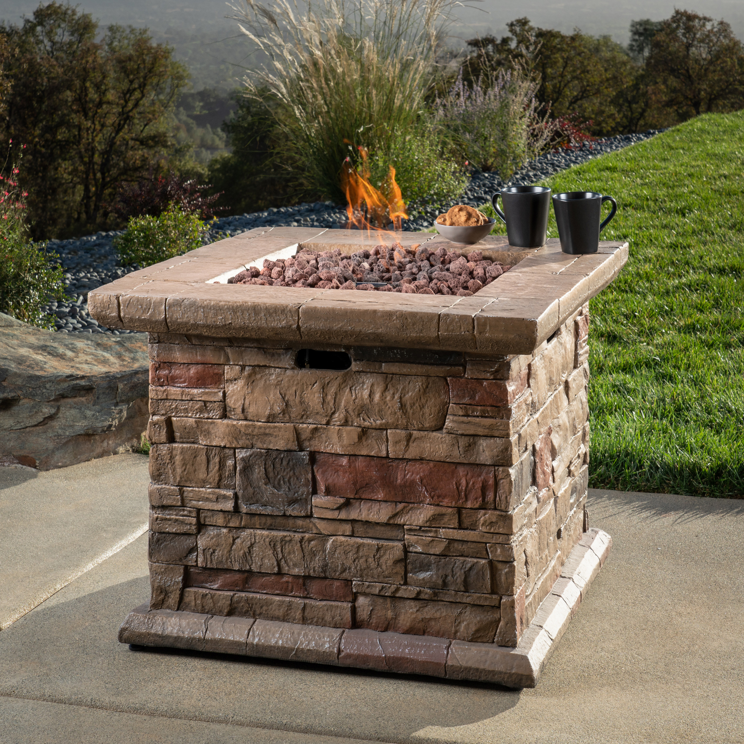 Parker Aluminum Outdoor Sectional with Faux Stone Fire Pit -5 Seat