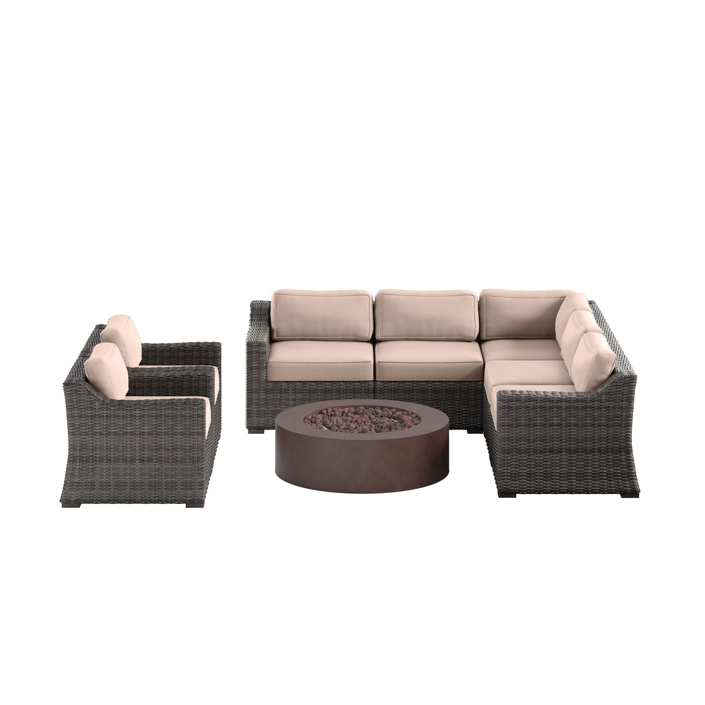 Bristol Wicker 7-Seat Sectional Set with Round Fire Pit