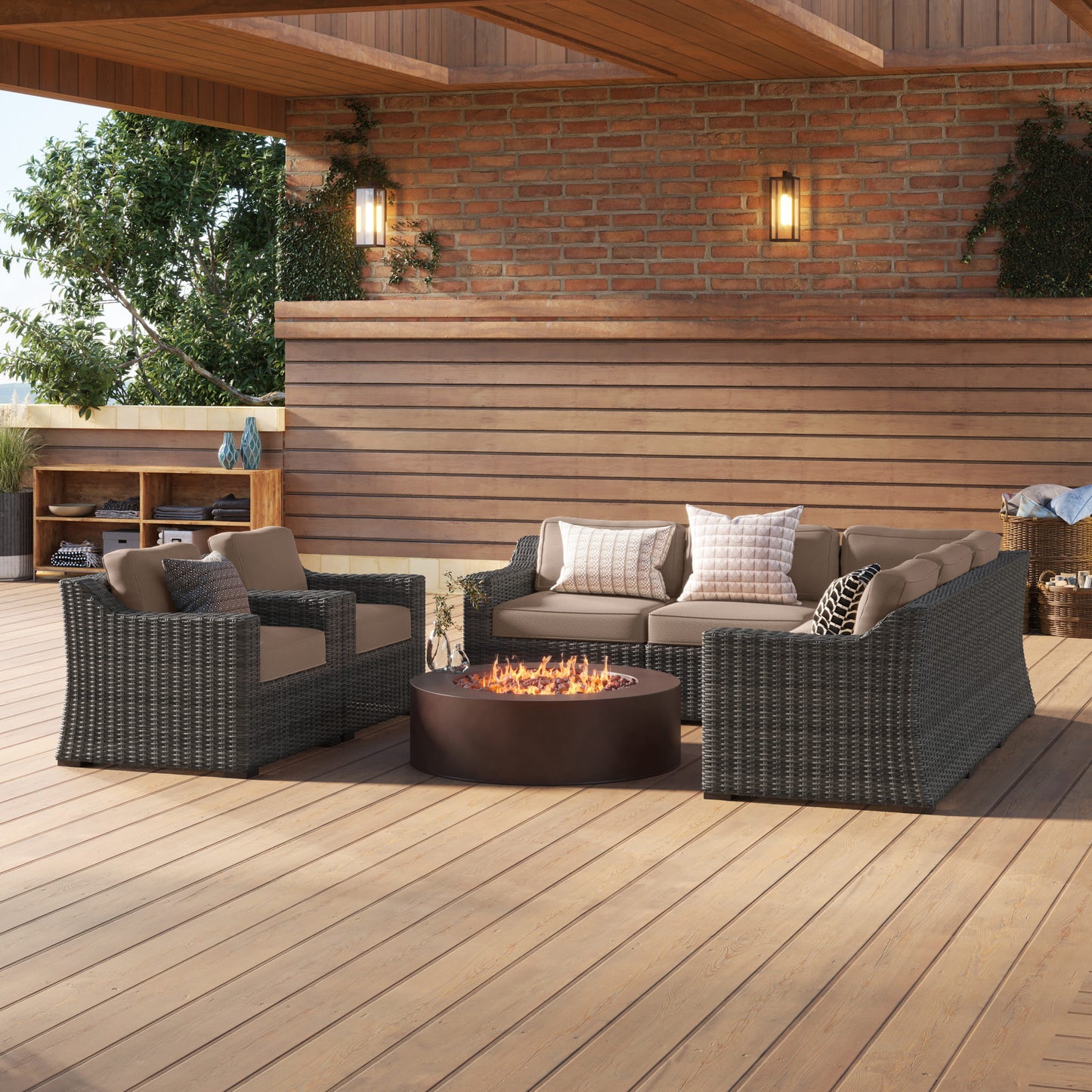 Bristol Wicker 7-Seat Sectional Set with Round Fire Pit